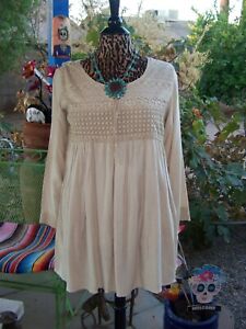 NWT~Boutique~M~Embroidered Lace Tassel Tie Peasant Tunic Top Crosstree Lane