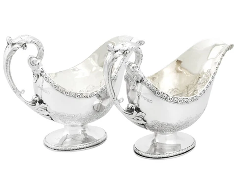 Antique Victorian Pair of Sterling Silver Sauce Boats Cover