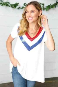Red, White, and Blue Patriotic Sequin V Neck French Terry Top S/M - Picture 1 of 4