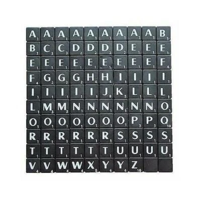 TILES BLACK/WHITE LETTERS FULL SET 100 PIECES -PLASTIC BLACK COLOURED - Image 1 of 4