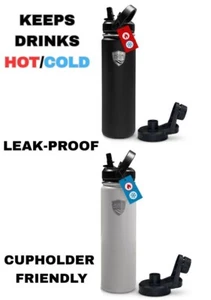22oz Insulated Hot/Cold Water Bottle w 2 Lids (1 Straw, 1 Chug) Stainless Steel - Picture 1 of 17