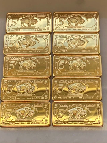Lot of 10 - 5 GRAM 100 MILLLS GOLD BUFFALO BULLION BARS .999 FINE Cover