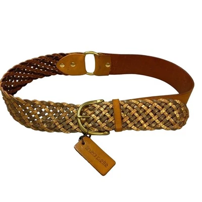 Linea Pelle Brown/Gold Woven Leather Belt Metallic Women Sz 30-34" Brass Buckle - Image 1 of 4