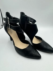 Nine West Women’s US Size 9W Black Leather Pointy Toe Black Zip Ankle Strap Heel - Picture 1 of 16