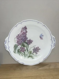 Plat Gâteau Assiette À Poignées Oreilles Porcelaine Limoges Peinte Main Jacinthe - Picture 1 of 5