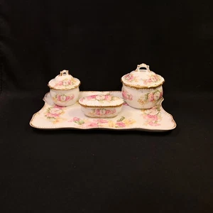 Limoges Elite Bawo Dotter 12" X 8" Dresser Tray & 3 Jars w/Lids Roses Gold 1900 - Picture 1 of 24