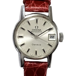 OMEGA Geneve Automatic Silver Dial Vintage Watch Red Leather Band Needs Service - Picture 1 of 5