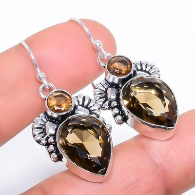 Brinco de prata esterlina 925 feito à mão com pedra preciosa topázio esfumaçado 1,6" C7 - Imagem 1 de 4