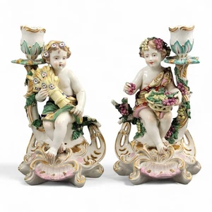 Antique Georgian Chelsea porcelain Summer and Autumn candlesticks c.1775–1783 - Picture 1 of 14