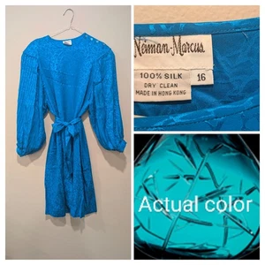 Neiman Marcus 100 % Seide türkis Gürtel Kleid Vintage 80er Größe 16 Midi Tee Kleid - Bild 1 von 14