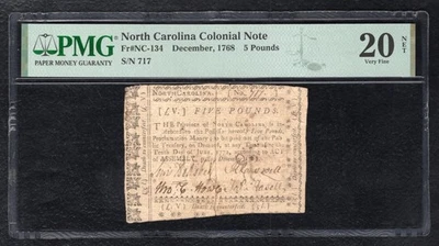 NC-134 DECEMBER, 1768 £5 FIVE POUNDS NORTH CAROLINA COLONIAL NOTE PMG VF-20 - Image 1 of 2