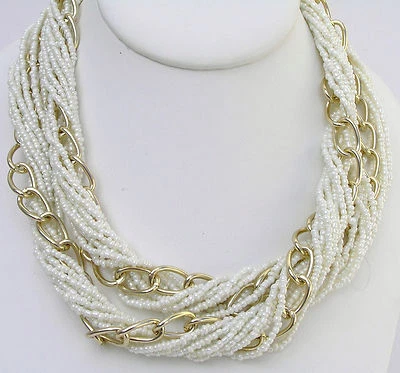 Collar Pasarela Extra Largo 36" 8 Hilos Semilla Cuentas Tono Dorado Eslabón Torsada Blanca  Foto 1 de 4