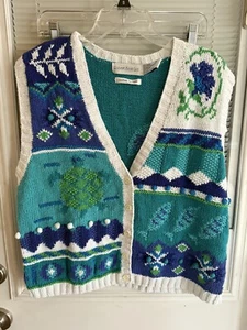 Vtg Robert Scott Vest Hand Knit Sweater Blue Green Turtle Fish Cottagecore Sz M - Picture 1 of 11