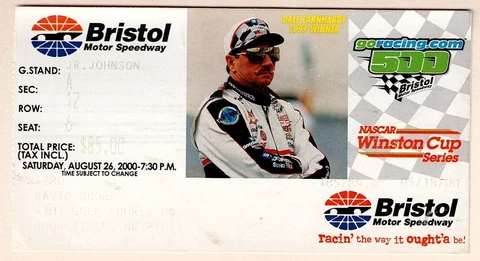 Dale Earnhardt Bristol Motor Speedway Go Racing 500 8/26/2000 Winston Cup Ticket Cover