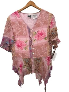 Vintage Neu mit Etikett Phool rosa Blumen fließend Perlen Knopfleiste Bluse Top Damengröße Large - Bild 1 von 17