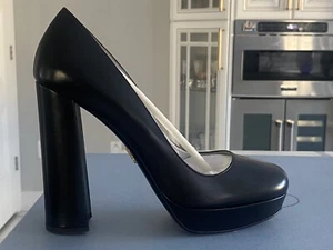 Prada Shoes Pumps Heels Platform Black Leather Size 37.5 US 7.5 Authentic NEW - Picture 1 of 17