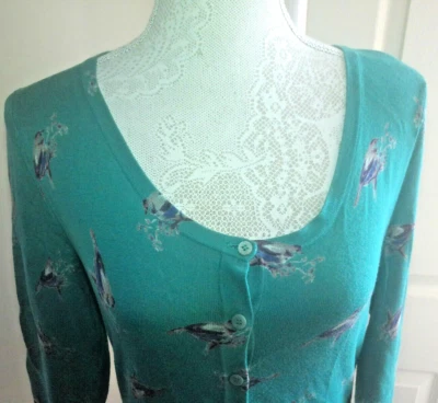 POEM BY OLIVER BONAS TURQUOISE GREEN BIRD PRINT CARDIGAN LARGE L  UK 14 GC - Image 1 of 4