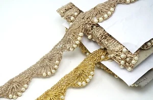 2 Yard Zari Bead Scallop Edging pankha Lace Trim Metallic Colour Embellish Sewon - Picture 1 of 9