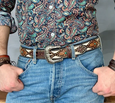 Western Belt Cowboy Rodeo Full Grain Leather Hand Tooled With Removable Buckle - Image 1 of 4