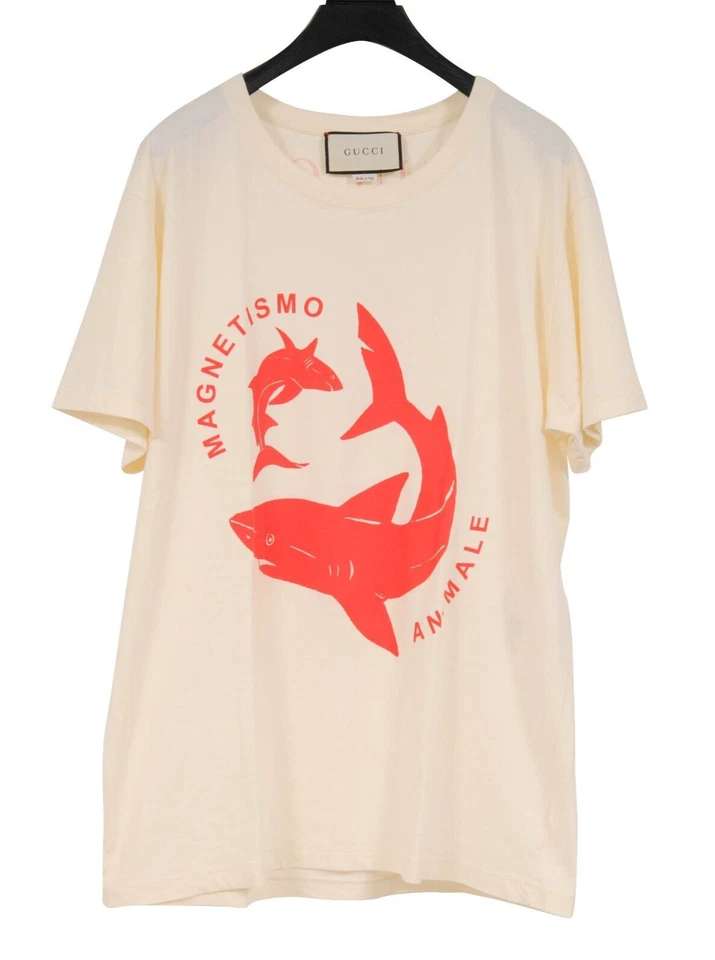 Camiseta Gucci Logo Tiburón Talla Mediana Crema Tostado Rojo Algodón Magnetismo Animalo Foto 1 de 4