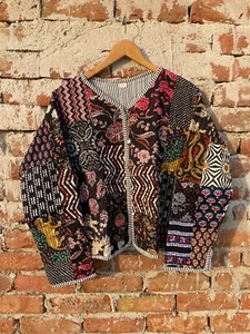 Black Quilted Cotton Patchwork Jacket Handmade Cotton Jacket Women's Clothing US - Picture 1 of 6