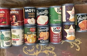Lot of 13 Vintage Kitchen Play Pretend Food Plastic Cans ~ Name Brand Labels - Picture 1 of 4