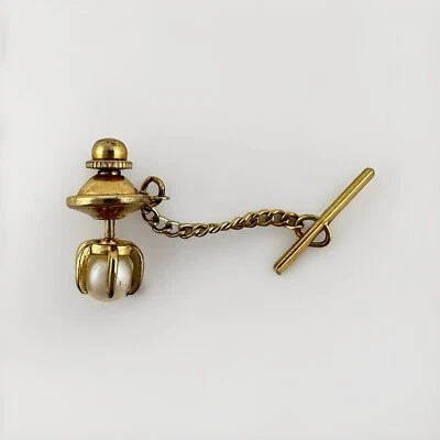 Vintage Tie Pin Gold Tone White Glass Imitation Pearl Classic Men’s Accessory - Image 1 of 3