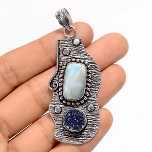 Larimar Titanium Druzy Gemstone Fashion Jewelry 925 Silver Pendant 2.4" ARP-4868 - Picture 1 of 3