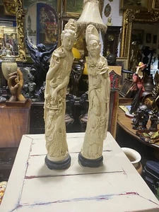 Pair of Antique Carved statues of Kwan Yin Chinese Oriental Sculpture Home - Picture 1 of 21
