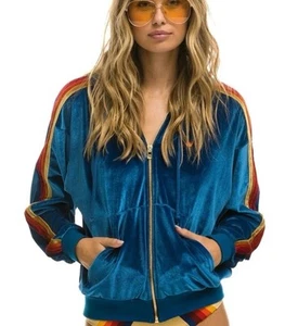 Aviator Nation Classic Velvet Zip Hoodie in Vintage Blue with Rainbow Stripes Lg - Picture 1 of 9