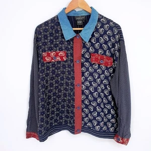 Carole Little Blue Paisley Patchwork Denim Kragen künstlerisch Bohemian Retro Bluse 14 - Bild 1 von 8