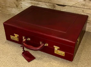 Vintage Deep Red Italian Leather Suede Lined 2 Part Briefcase - Brass Locks - Picture 1 of 10