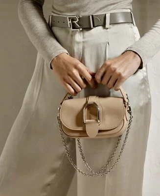 全新带标签 MRSP 1900 美元 Ralph Lauren 系列 Welington Taupe 小牛皮迷你链条包 — 第 1/4 张图片