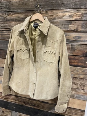 Винтажная кожаная рубашка W2W размер L 80-е мягкая желтовато-коричневая кожа моющаяся замша сделано в Канаде - Изображение 1 из 4