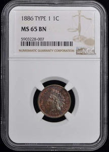 1886 TYPE 1 Bronze Indian Cent 1C NGC MS65BN - Picture 1 of 4