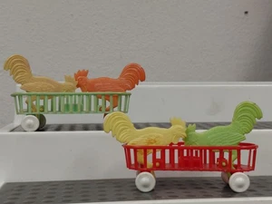 Vtg Easter 1950s MCM Luss Bert Italy Pecking Roosters Plastic Push Toy Pair (2) - Picture 1 of 12