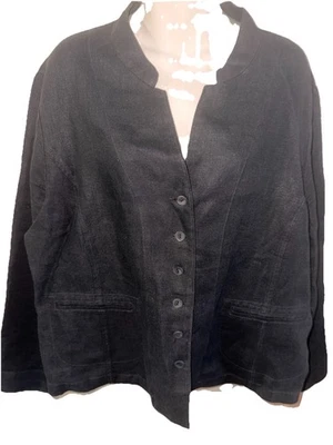 Eileen Fisher Y2K Black Irish Linen Button Front Collarless Blazer Jacket 2X - Image 1 of 4