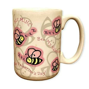 Happy Valentines Day Bumble Bees Ceramic Coffee Mug Bee Mine Pink Gray Vintage - Picture 1 of 9