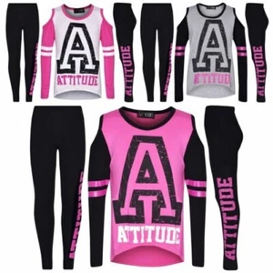 Kids ATTITUDE Shoulder Cut Top & Legging Set Outfit Girls Boys Age 5-13 years - Picture 1 of 18