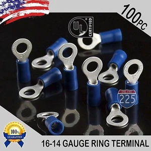 100 PACK 16-14 Gauge #10 Stud Insulated Vinyl Ring Terminals Tin Copper Core US - Picture 1 of 1