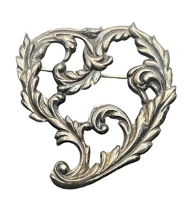 sterling silver victorian revival rococo heart brooch pin scroll design vintage - Picture 1 of 13