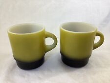 2 MCM Vintage Anchor Hocking Fire King Ombré Olive Green Stackable Coffee Mugs
