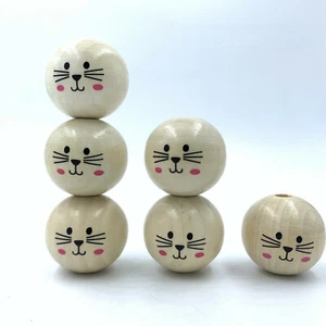 Wooden Round Smile Face Cat Wood Beads Beaded For Pacifier Clip Jewellery Making - Picture 1 of 7