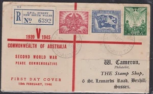 1946 WWII Australia Registered PEACE SMYTH FDC Stamp Shop Sussex Label Overlay - Picture 1 of 4