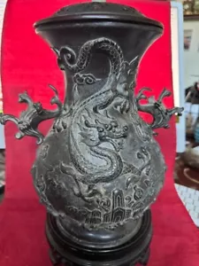 Antique Chinese Bronze Dragon Relief Incense Burner Wood Lid Jade Finial Signed - Picture 1 of 12