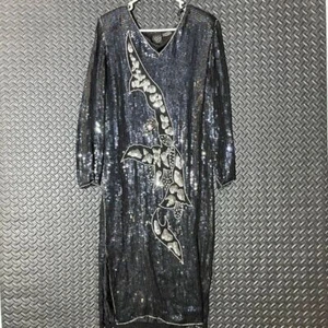 Vestido Vintage Jewel Queen Negro Elegante Lentejuelas Cuentas 100% Seda Para Mujer Talla M - Imagen 1 de 7
