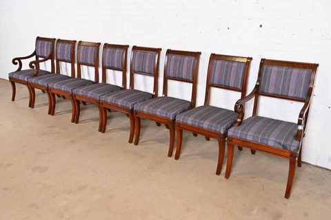 Baker Furniture Regency Carved Mahogany Greek Key Dining Chairs, Set of Eight Cover