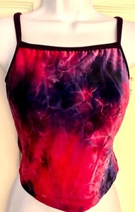 GK ELITE DANCE JAZZ ADULT MEDIUM TIE DYE PINK/PURPLE VELVET CAMI CROP TOP Sz AM - Picture 1 of 8
