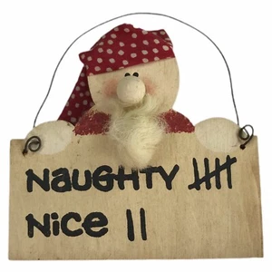 Santa Ornament Christmas Holiday Wooden Wall Hanging Naughty Nice 4.5" - Picture 1 of 4
