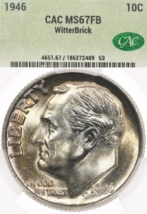1946 10C CAC MS67 FB CAC FT Roosevelt Dime Silver Uncirculated WitterBrick - Picture 1 of 4